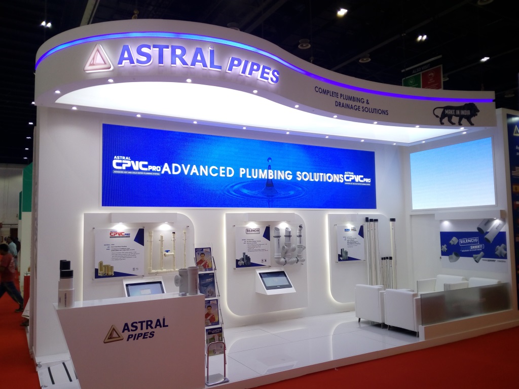 Plumbing products and pipe fittings displayed at an exhibition booth